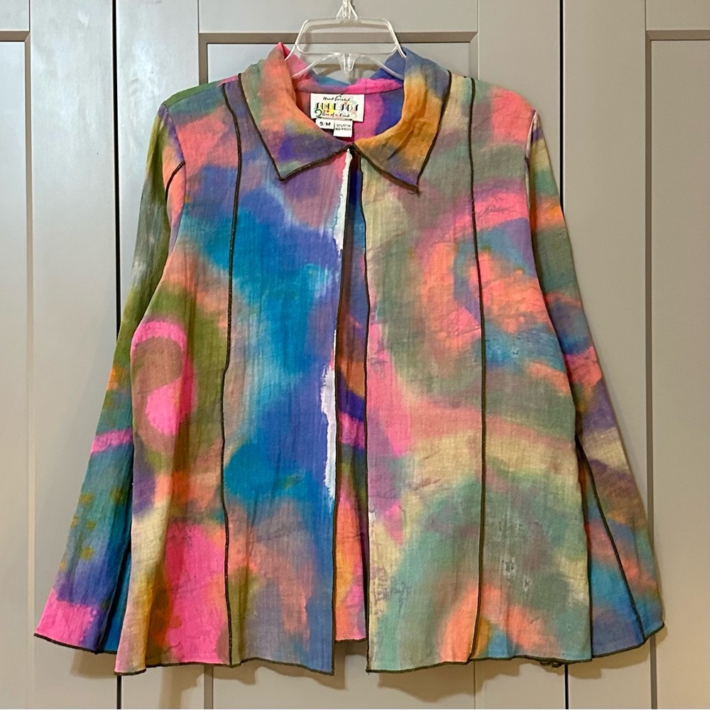 Sucesos Hand Painted Cotton Collared Cardigan OOAK Lagenlook Art to Wear Sz S/M